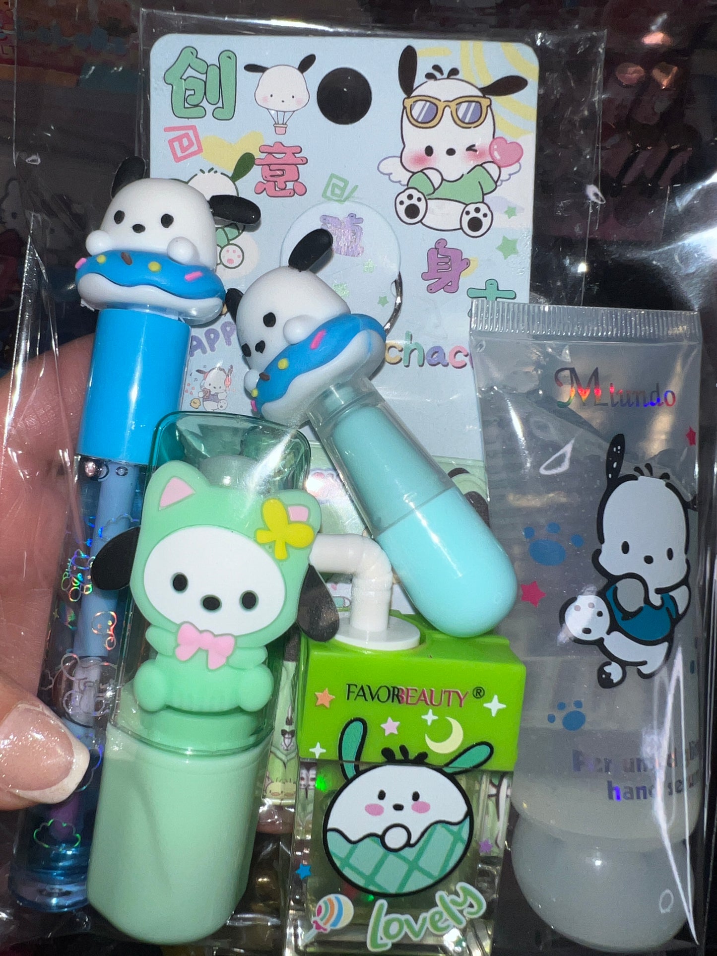 A Hello Kitti, Kuku, Melo, Cina and More lipgloss and accessories pre-pack bundles